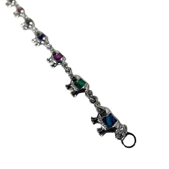 SJ Signed 8" Silver Tone Multicolor Abalone Elephant Link Bracelet - Picture 2 of 5